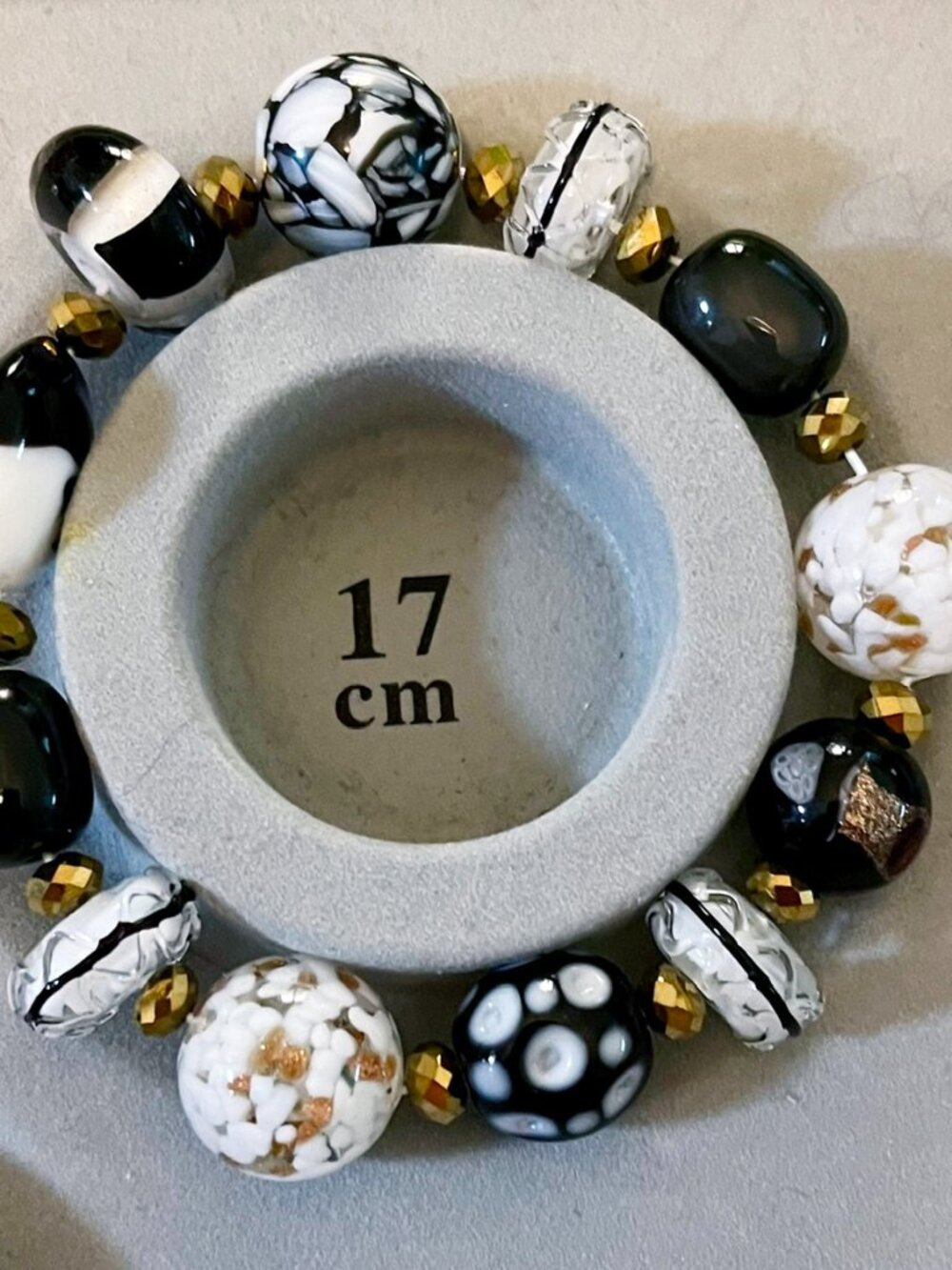 Black White & Gold Artisan Glass Bead Stretch Bracelet – Chunky Statement